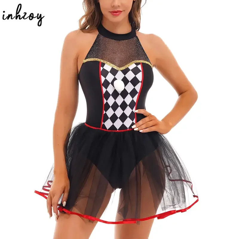 Womens Halloween Clown Costume Halter Plaid Gymnastic Leotard Ballet Dance Tutu Mesh Dress Carnival Cosplay Party Fancy Dresses