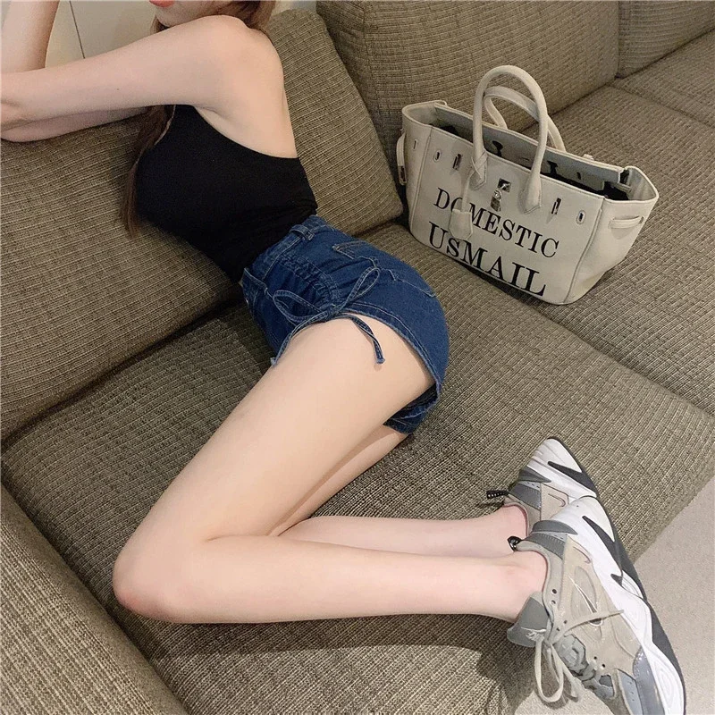 GIDYQ Y2k Streetwear High Waisted Denim Shorts Women Vintage Fashion Chic  Drawstring Jean Shorts Sexy Slim Short Jeans Summer