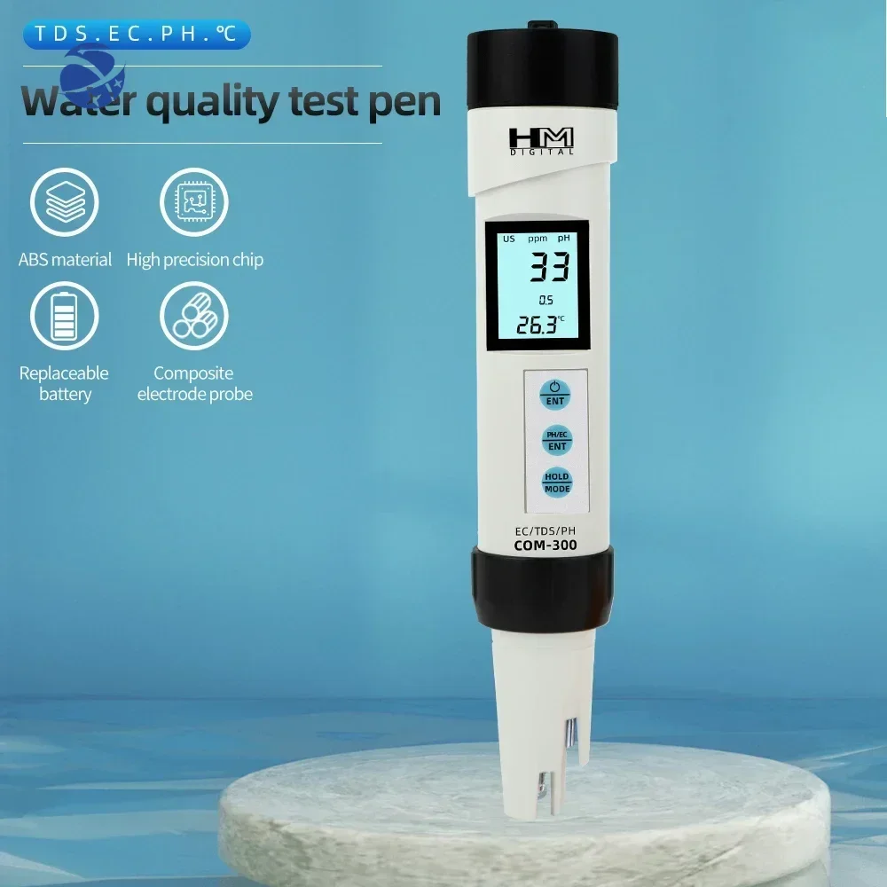 COM-300 Water Quality Digital Measurement Tools  4 in 1 TDS EC Temp PH Meter for Waterproof Testing Device