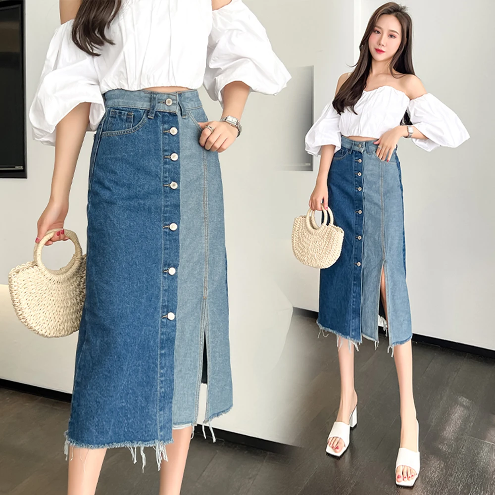 

Denim Skirt Women Korean Fashion Color Match High Waist Long Skirt Vintage Style Female Casual Buttons Pockets Split Jeans Skirt