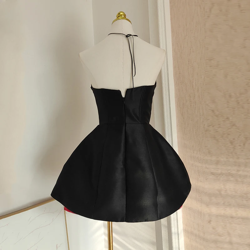 KBQ Hit Color Spliced Appliques Tunic Aline Dress for Women Strapless Sleeveless High Wiast Temperament Dress Female Fashion New