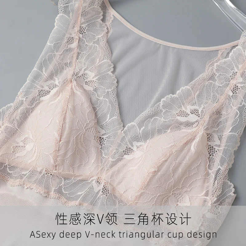 mulberry silk with chest pad loose V-neck nightdress, lace lace sexy suspender dress, silk home bottom dress