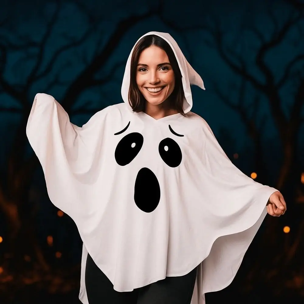 

White Halloween Cloak Cape Fright Clothes Black Eye Ghost Poncho Robe with Hat Full Suit Ghost Cosplay Costume Party Wear