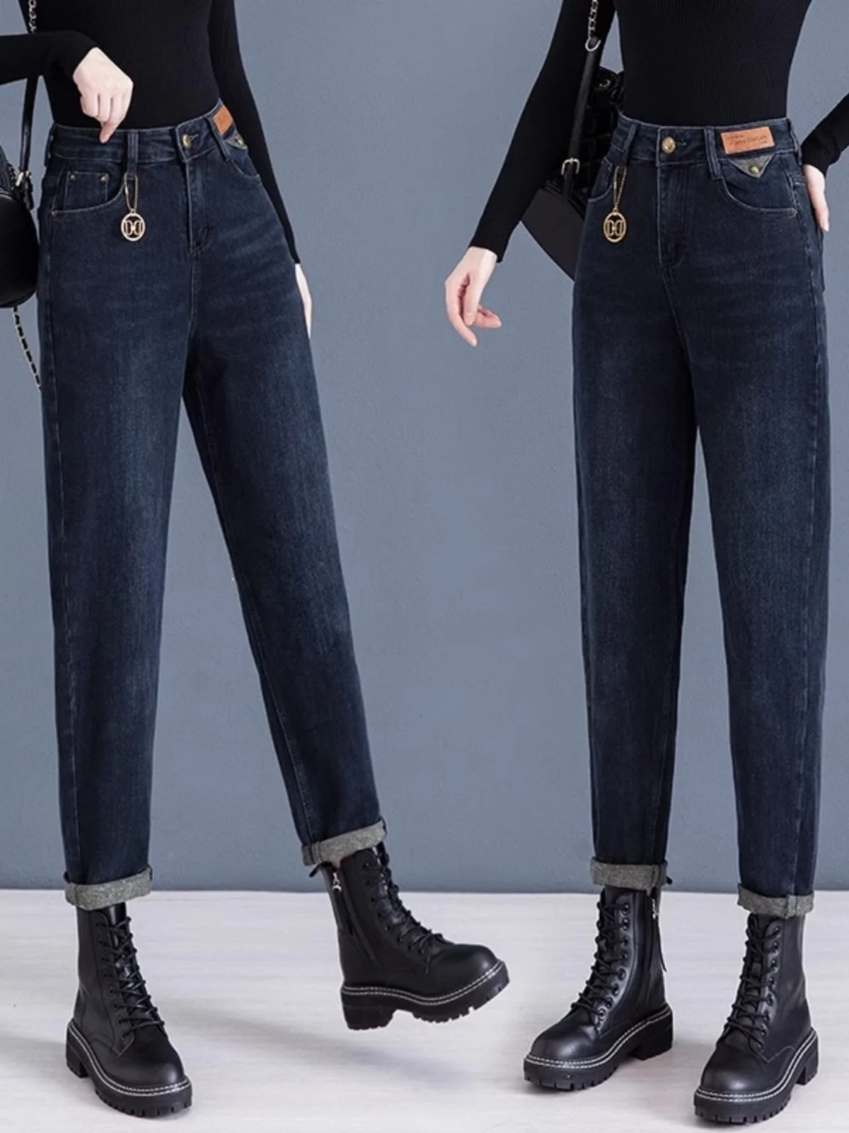 

Модные джинсы Harajuku Dad, женские маленькие размеры, весенне-осенние джинсовые брюки с высокой талией, брюки Harlan с девятью точками, глубокий цвет