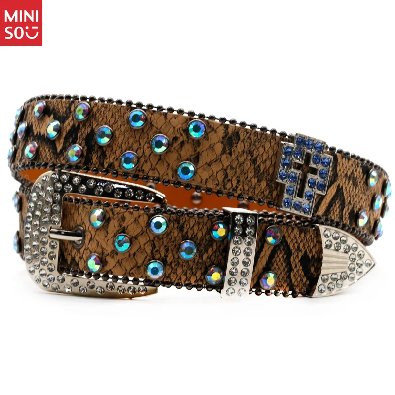 

Miniso Snake Print Rhinestone Belt, Unisex Full Crystal Punk Waistband, Stylish & Edgy