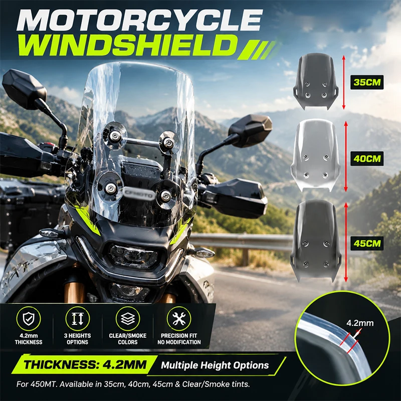 450MT Motorcycle Windshield For CFMOTO CF 450 MT MT450 CF450MT 35CM 40CM 45CM Front Windscreen Windshield Parts 2024 2025 2026
