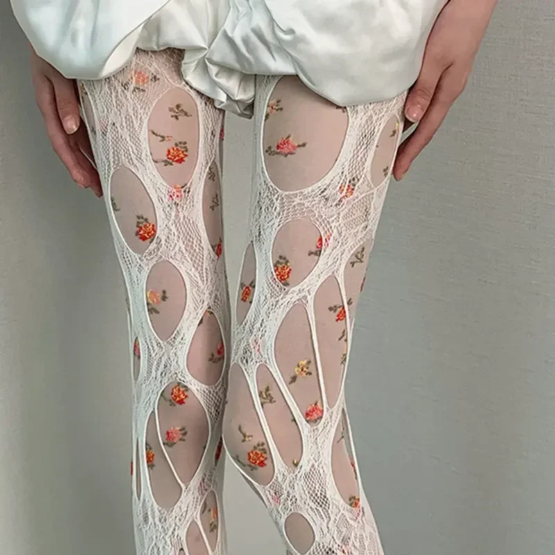 مثير القوطية الشرير المرأة كسر حفرة تخزين Ropa Interor Para Mujeres الصيد صافي الجوارب Y2k الدانتيل ممزق ملابس داخلية للحفلات جوارب طويلة