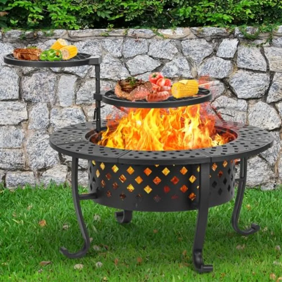 

36 Inch Wood Burning Fire Pit with Dual BBQ Grills and Protective Lid Includes Fire Poker for Outdoor Patio Use Versatile 3in1