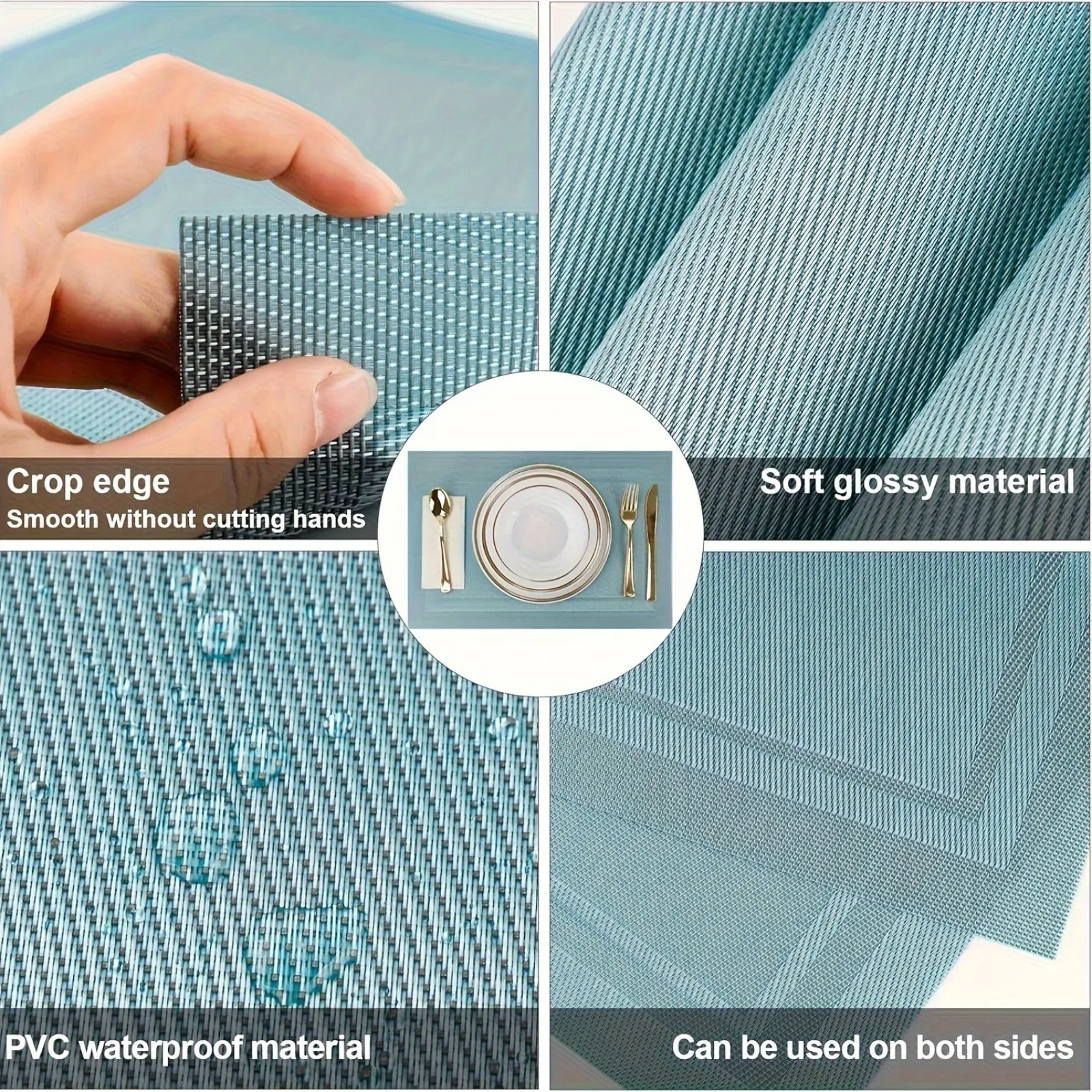 2/4/6pcs blue placemat, kitchen table mat, heat resistant anti slip stain washable PVC table mat, easy to clean woven vinyl dinn