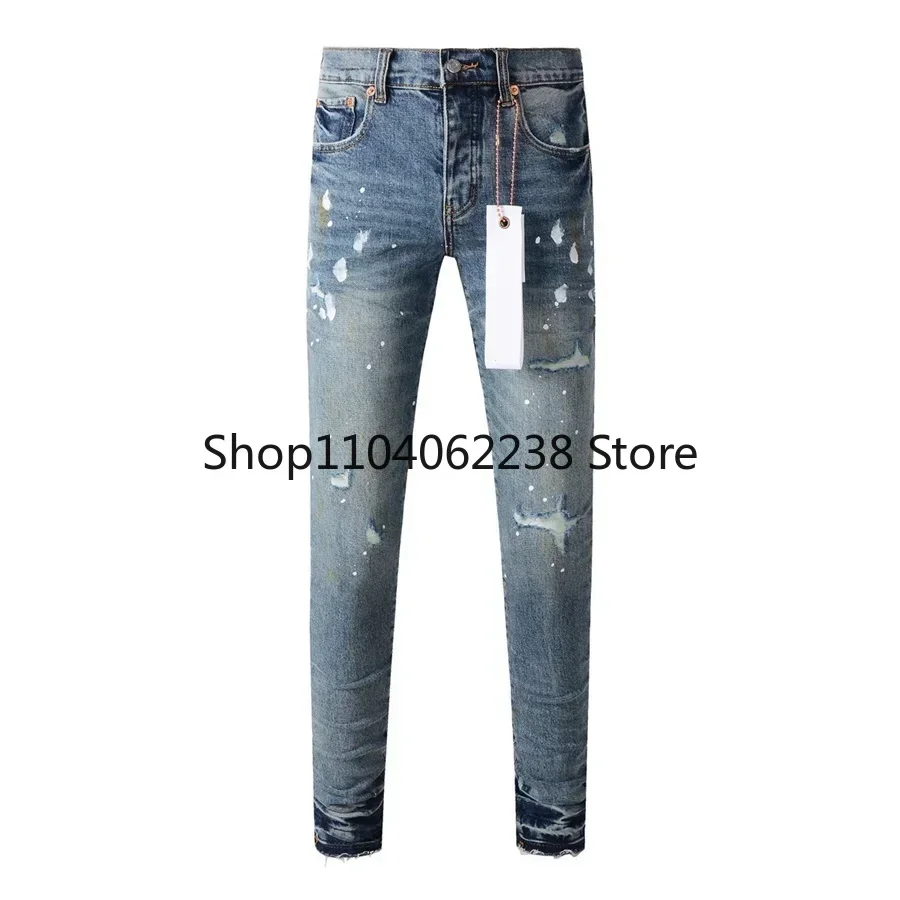 2024 High street Purples jeans Men brands blue do vintage top quality repair low elevation skinny hold denim trousers pants