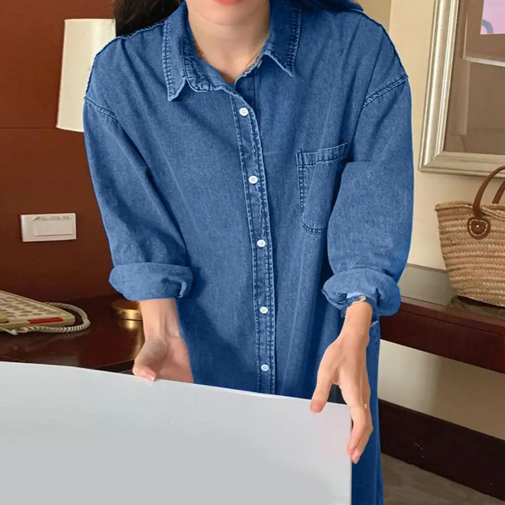 Vestido lisonjeiro de tamanho grande feminino, camisa jeans, manga comprida, botão, maxi vestido com bolso, casual para o verão para mulheres