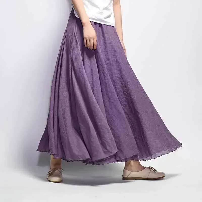 Fashion rok wanita Linen A-Line 2024 rok Maxi Linen pakaian wanita rok Maxi Vintage berlipat Boho Maxi rok pantai kasual panjang kekaisaran