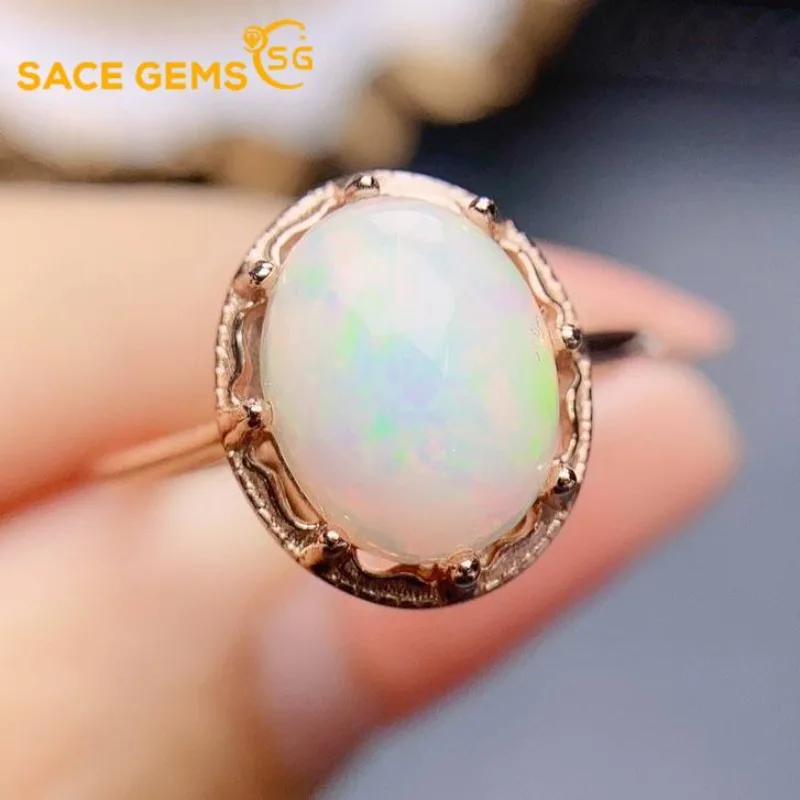 

SACE GEMS модные роскошные кольца из стерлингового серебра 925 пробы 8*10 мм с натуральным опалом для женщин, изящные ювелирные изделия для свадьбы, помолвки и вечеринки