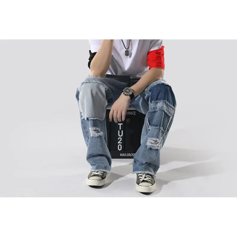 Men's Jeans Holes Loose Straight Old Patch Beggars Pants Hip Hop Trousers High Street Full Length Denim Pants Streetwear Men