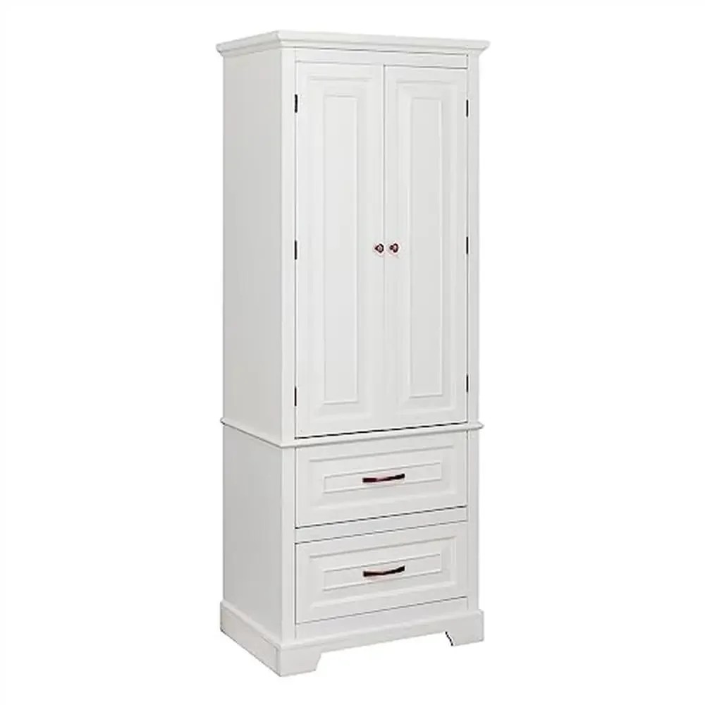 Tall Linen Cabinet with Crown Molding & 2 Drawers Elegant White Bathroom Storage Solution Anti-Tip Hardware Included