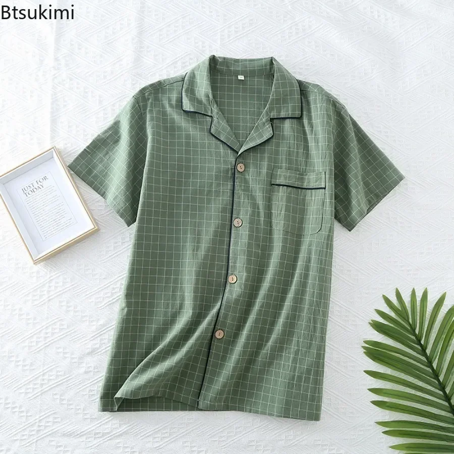 2025 Men's Casual Cotton Short Sleeved Sleep Tops 100% Cotton Gauze Crepe Pajamas Large Size Loose Home Service Female Homewear
