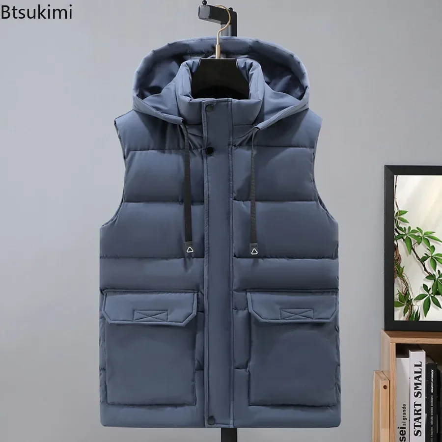 2024 Autumn Winter Men's Hooded Vest Fashion Zipper Stand Collar Warm Cargo Waistcoat Men Cotton-padded Sleeveless Jackets L-5XL