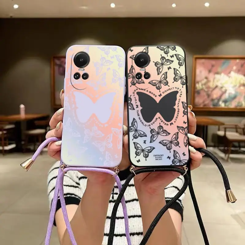 Reno 10 Auroral Butterfly Lanyard Silicone Phone Case For OPPO Reno 10 10Pro 12 8Pro 8T 8 7 7Z 6 6Lite 12Pro 10ProPlus 6Z Cover