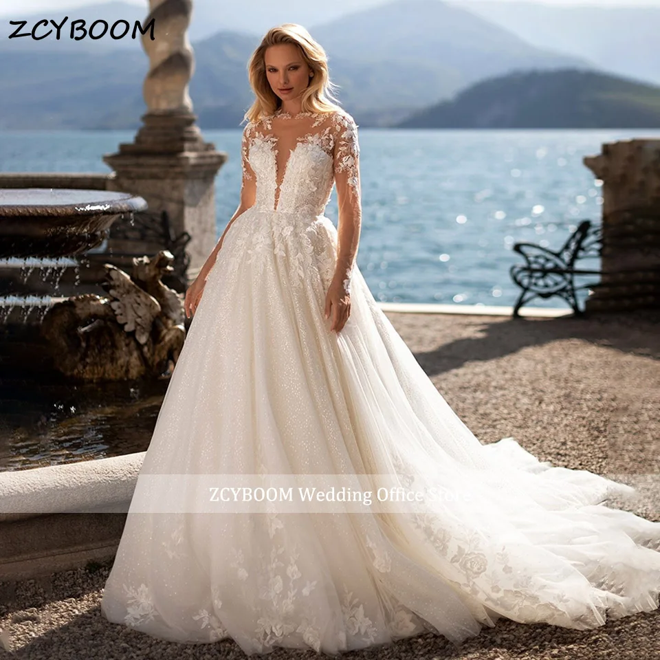 

Customized A-Line Long Sleeves Wedding Dresses 2024 Illusion Back Lace Appliques O-Neck Bride Gowns For Women Vestido De Noiva