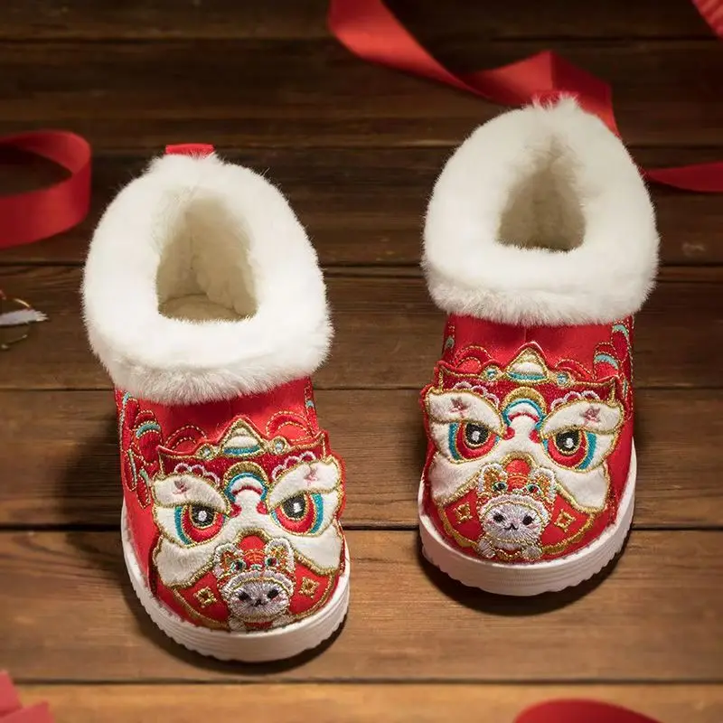 2024 Winter Girls Chinese Tradition Tiger-Head Cotton Boots Boys Girls Soft Sole Non Slip Low Top Slip On Plush Warm Snow Boots