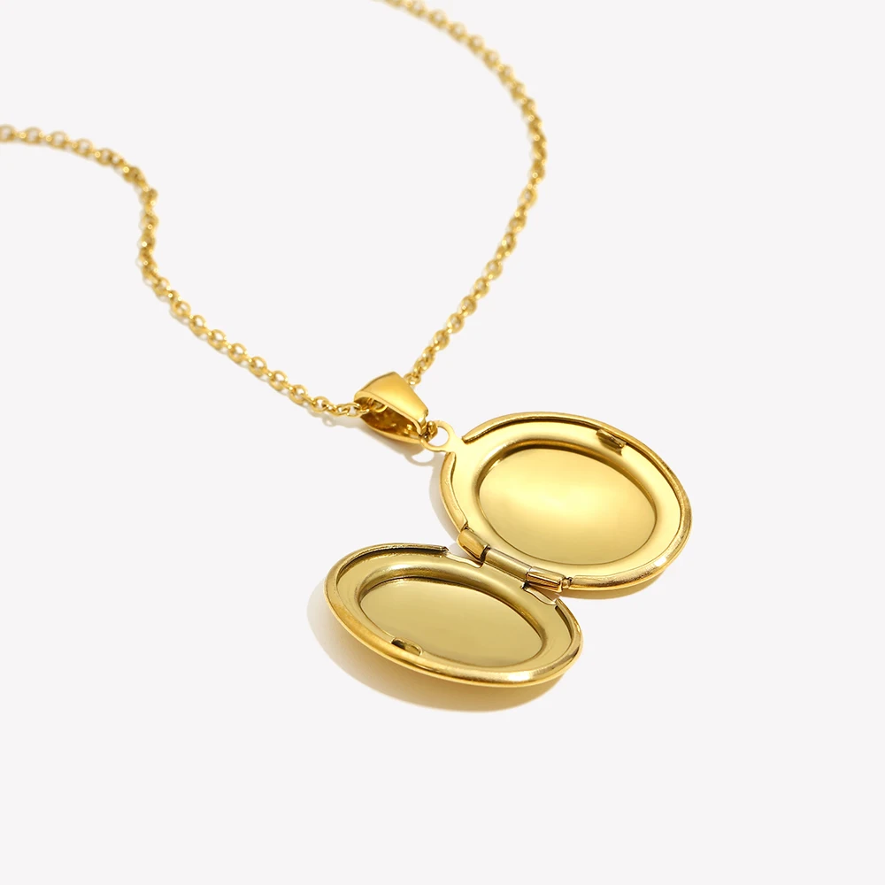 E.B.belle New Best Memory Record Gift Stainless Steel Waterproof Oval Shape Albume Locket Pendant Woman Men's Gold Necklace
