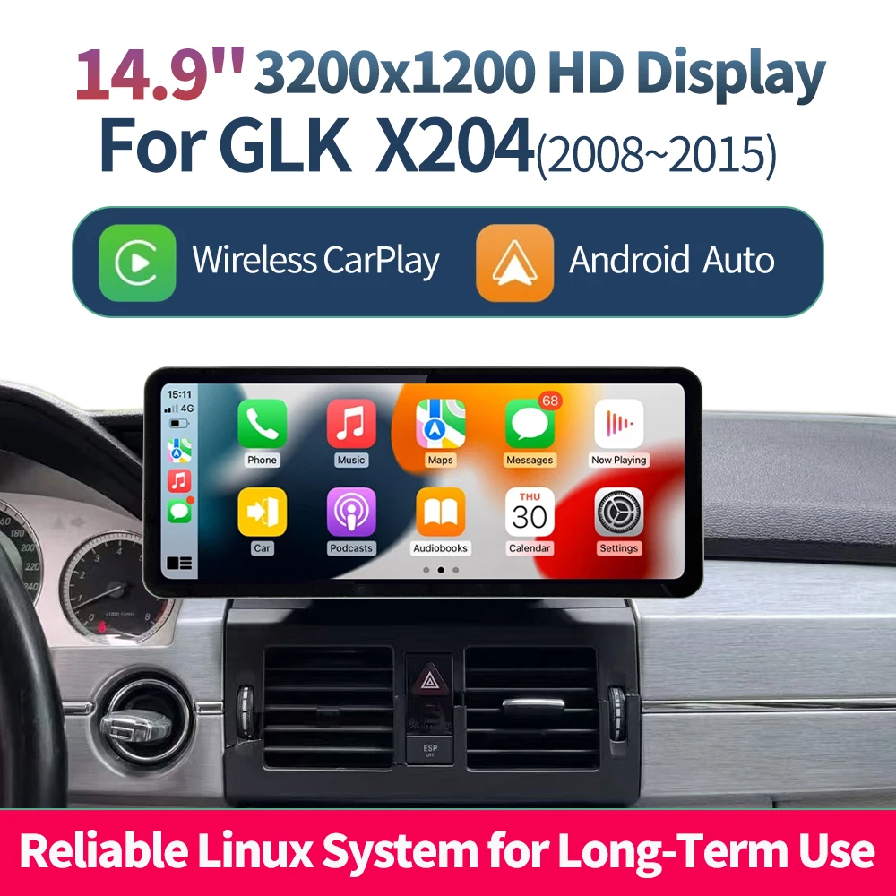 Wireless CarPlay Android Auto Phone Mirror Link 14.9Inch 3200*1200 Linux Screen For Mercedes Benz GLK Class X204 2008‑2015