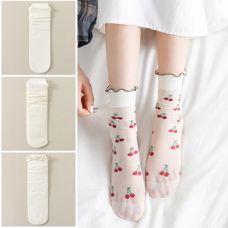 Women Summer Lace Mesh Ruffle Elastic Socks Sweet Girls Cute Japanese Style Transparent Fruit Flower Lolita Lace Short Socks