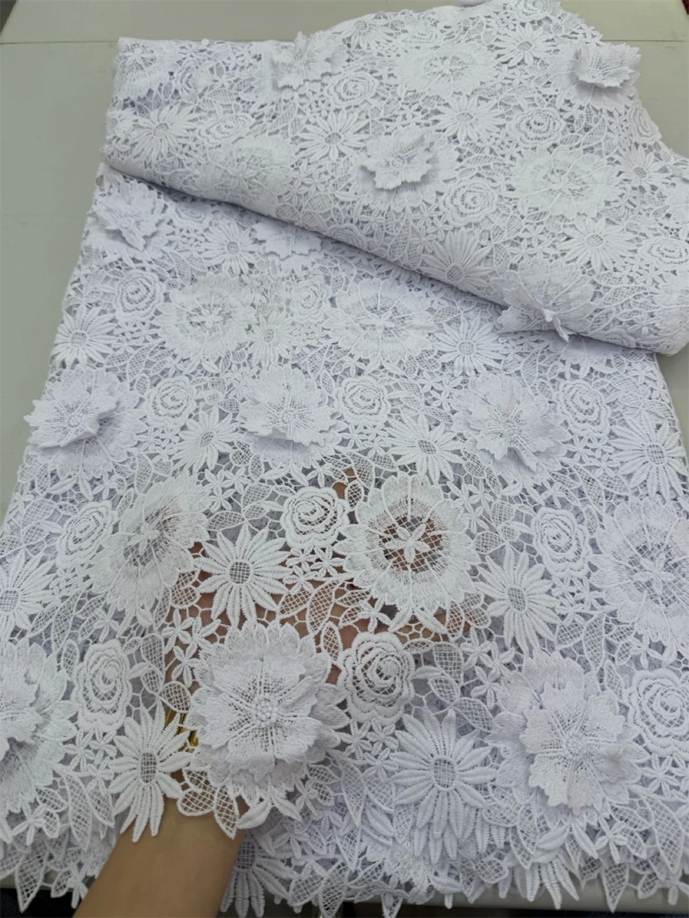 

Pure White 3D African Water Soluble Cord Lace Fabric 2025 High Quality Hollow Out Nigerian Guipure Cord Lace Fabric For Wedding