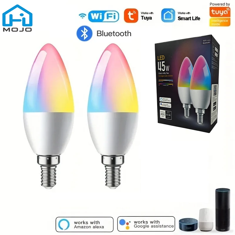 5W E14 LED Bulb 2 Pcs Smart Light Bulb Tuya Wifi Bluetooth Candle Lamp RGBCW Dimmable Smart Life APP Voice Control Alexa Google