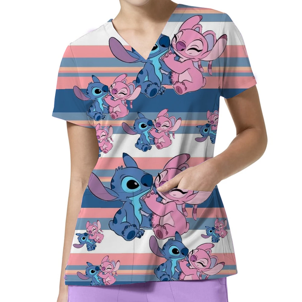الصيف ديزني غرزة تي شيرت المرأة جيب طويل المحملة الفتيات قصيرة الأكمام ملابس المستشفى الخامس الرقبة ممرضة موحدة تي شيرت الكرتون الأعلى #4