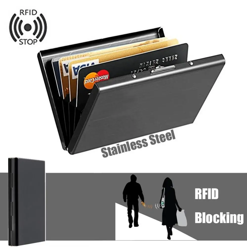

9.6cm Stainless Steel Business ID Credit Card Holder RFID Blocking Protector Case Box Anti-theft Slim PU Leather Pocket Purse
