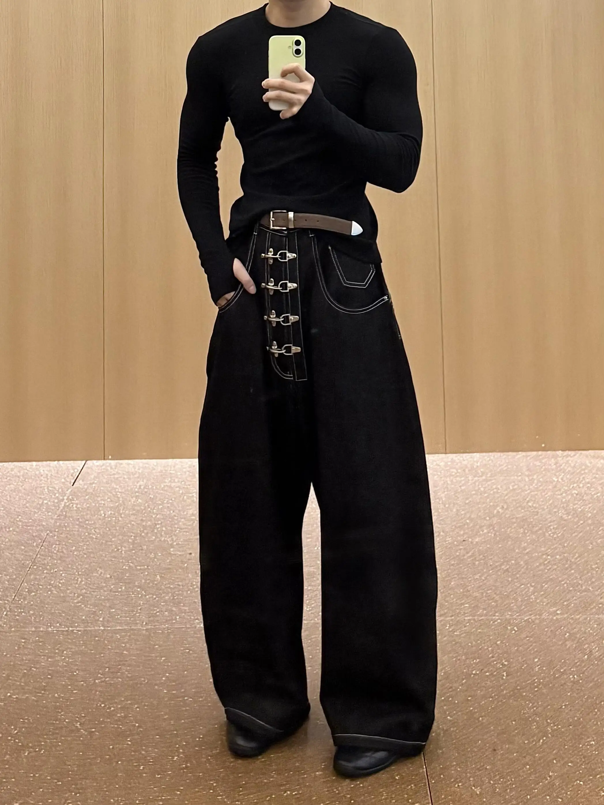 

Мужские широкие джинсы в американском стиле, ретро, из плотной ткани, с авиационной пряжкой, свободного кроя, с индивидуальным дизайном, длинные брюки