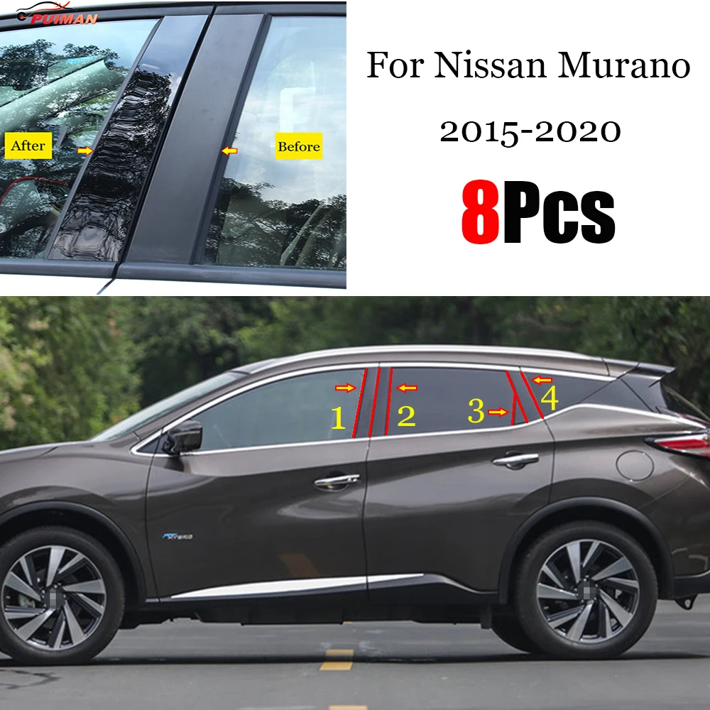 

New Hot 8PCS Gloss Black Polished Pillar Posts Fit For Nissan Murano 2015 - 2020 Window Trim Cover BC Column Sticker