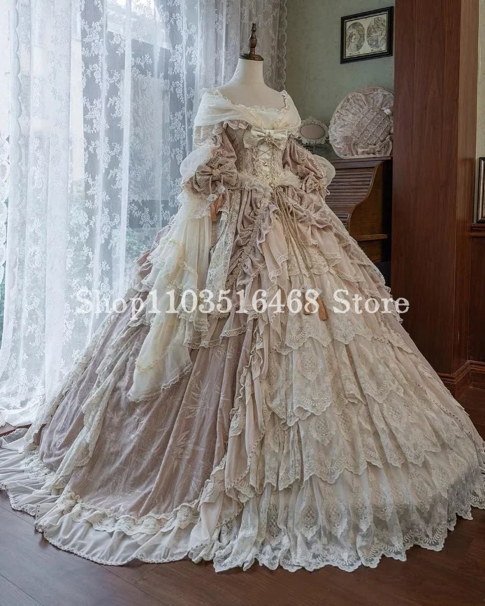 Dreamy Fluffy Victorian Prom Dress splendido Lolita pieghettato appliqued Poncho ricamato cattedrale Train muslimah