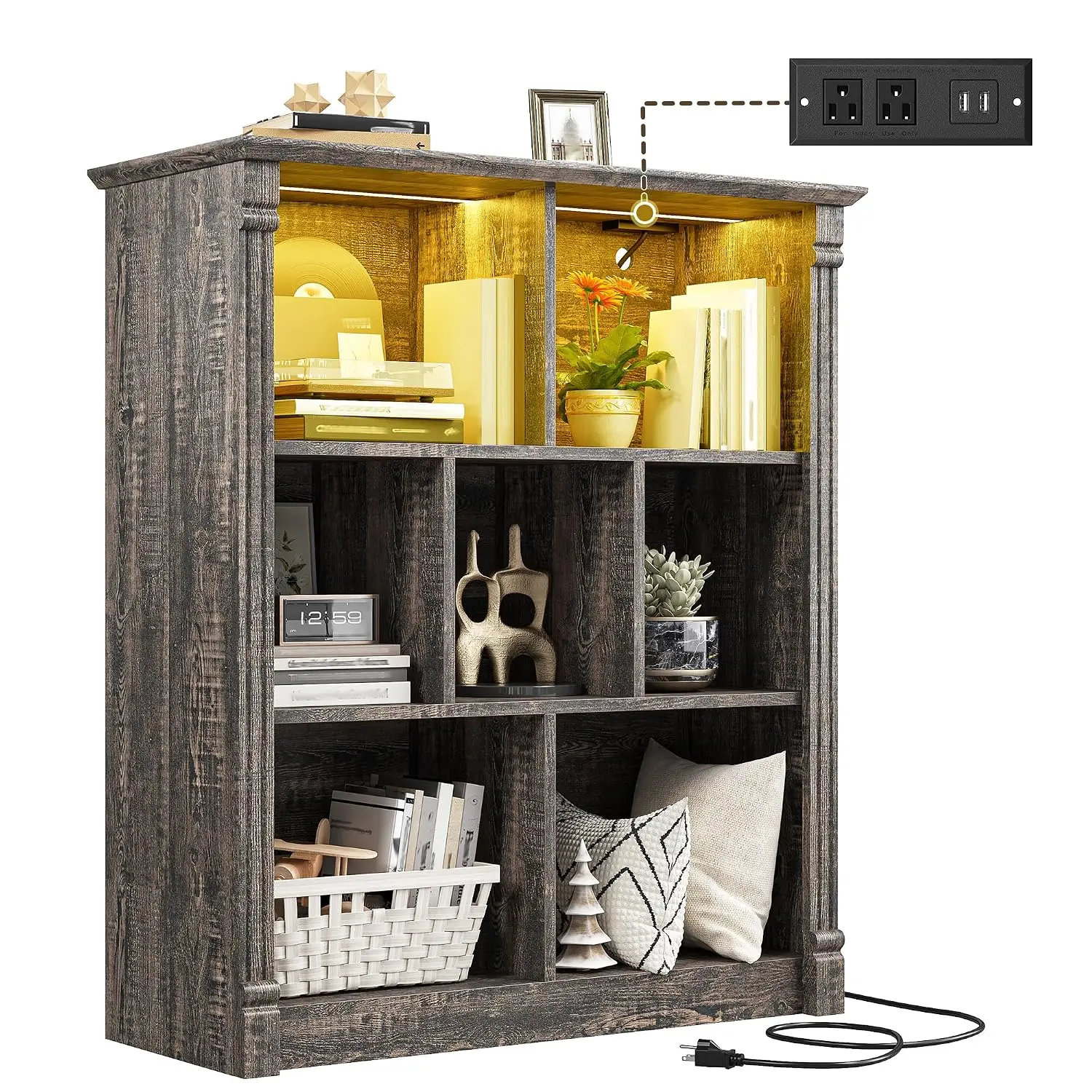 7 Cube Storage Organizer LED & Charging Black Oak Home Office Engineered Wood Shelf Anti-tip Design, Customized