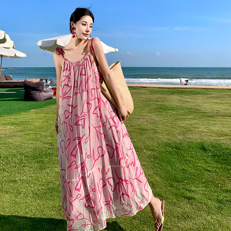 Scarlet Heartbeat Ink Print Dress Summer Beach Vacation Strap Beach Dress