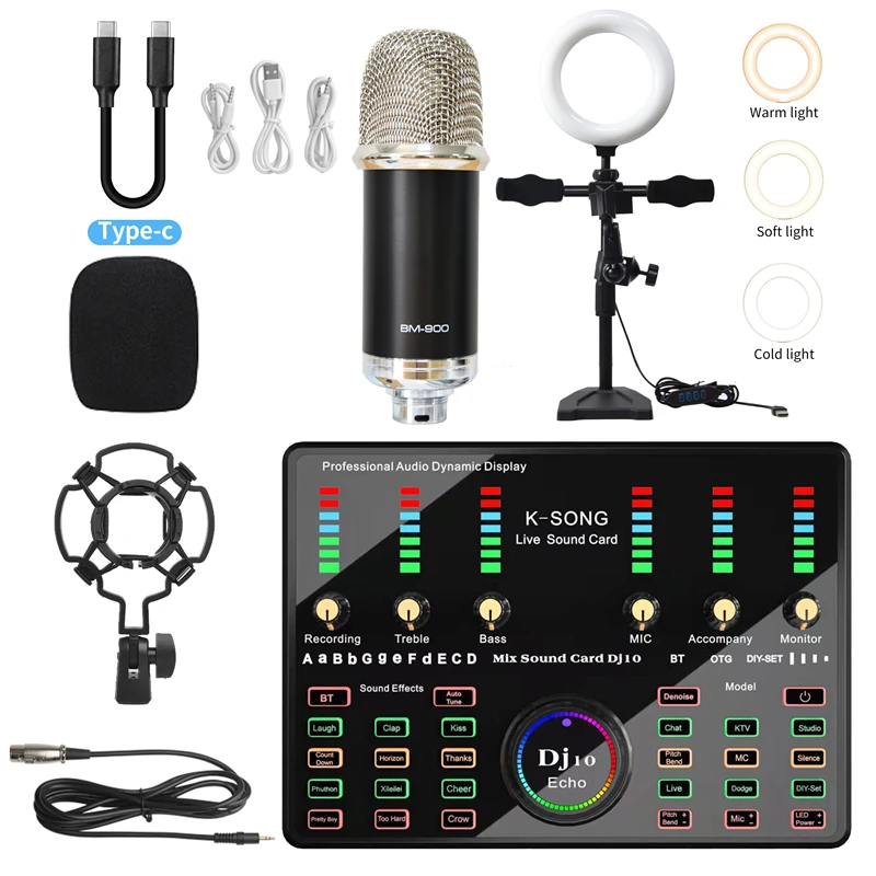Karaoke Microfoon Professionele Condensator Bluetooth Draadloze Met Ring Licht Invullen Microfoon Geluidskaart Streaming Living Gaming Zingen