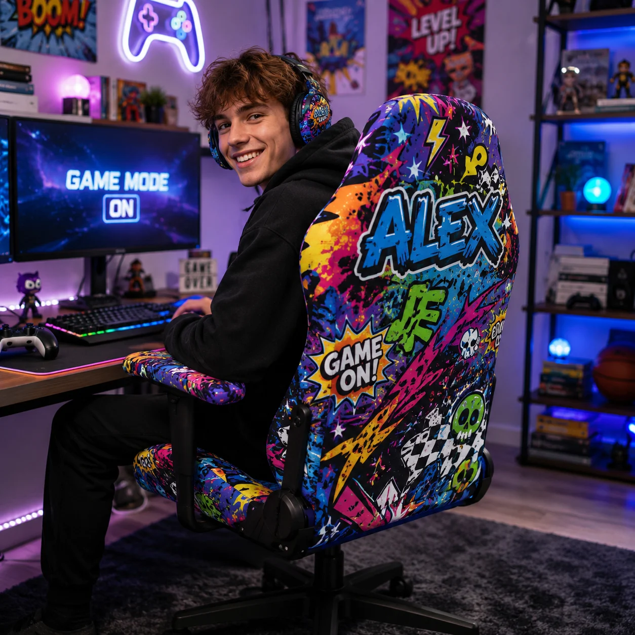 Custom Photo Gaming Chair Cover Set Personalized Full Print Chair Covers for Gamer Office Seat Back Armrest Decor Gift Game Room