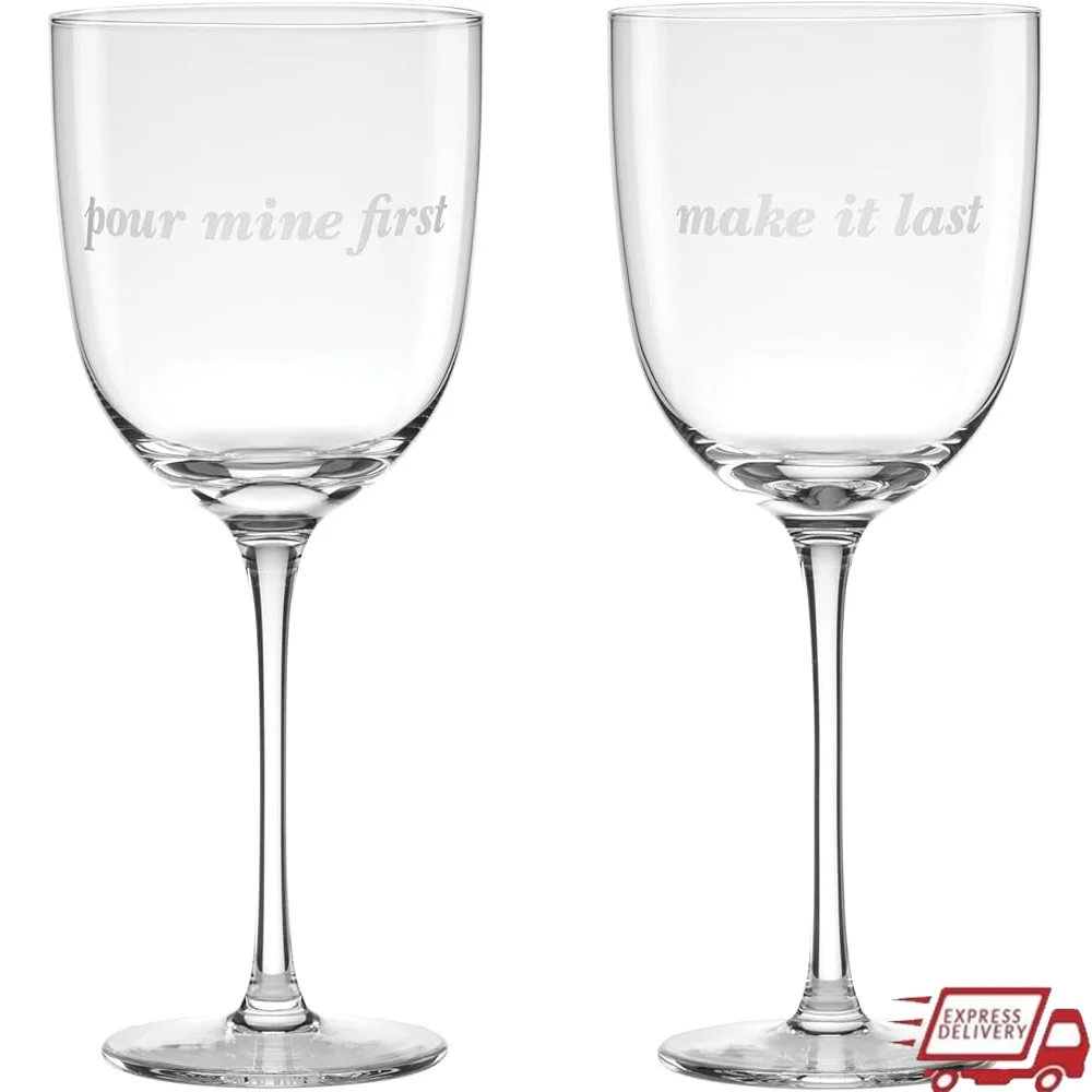 

Set of 2 Dishwasher Safe Wine Glasses Sandblasted Motifs Pour Mine First Make It Last 14oz Capacity Home Use