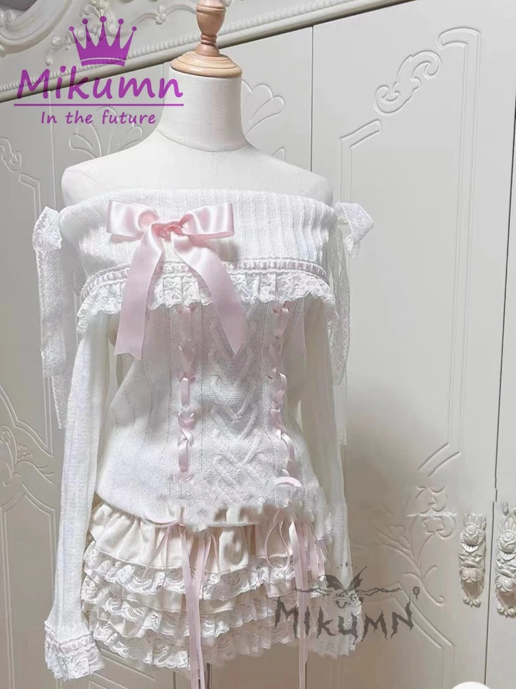 Mikumn Women Y2k Sweet Lace Knitted Sweater Japanese Lolita Style Vintage Kawaii Slash Neck Pink Ribbon Bow Off Shoulder Sweater