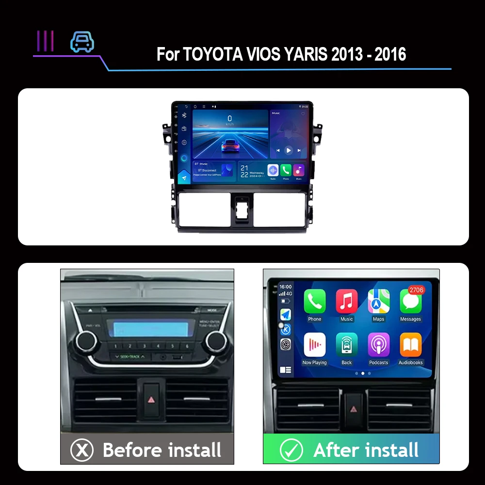 Android 15 Car Radio Video Multimedia Player for TOYOTA VIOS YARIS 2013 - 2016 GPS Navigation WiFi Bluetooth Button Lights 4G