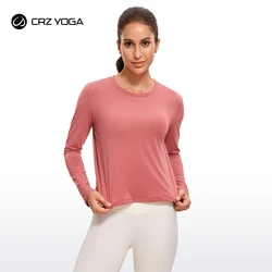 CRZ YOGA Autumn Winter Pima Cotton Long Sleeve Workout Shirts for Women Loose Cropped Tops Athletic Sports T-Shirt