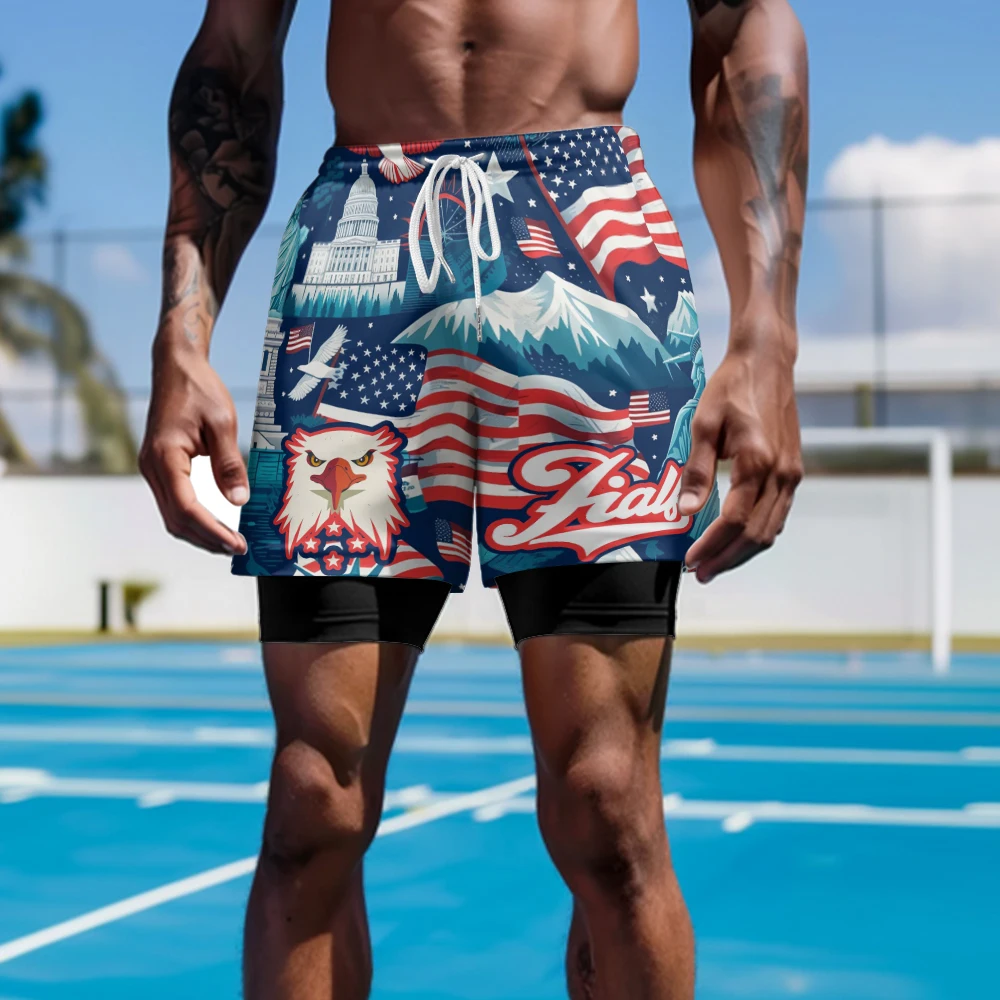 Мужские шорты для бега 2 в 1, быстросохнущие спортивные шорты с подкладкой, шорты для тренировок, пляжная одежда с американским флагом Freedom