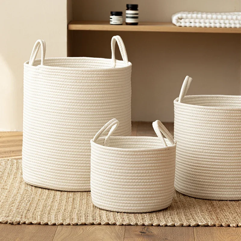 Solid White Home Organization And Storage Baby Children Toy Storage Baskets Cotton Rope Woven Laundry Basket Sundries Organizer