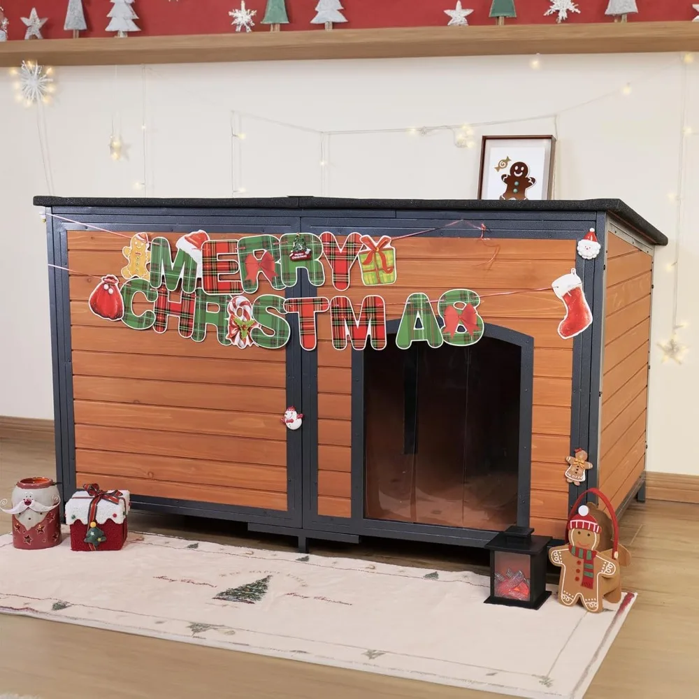 

Extra Large Dog House Outdoor Weatherproof 59.1 Outside Wooden Dog Kennel, Chewproof Strong Iron Frame Window