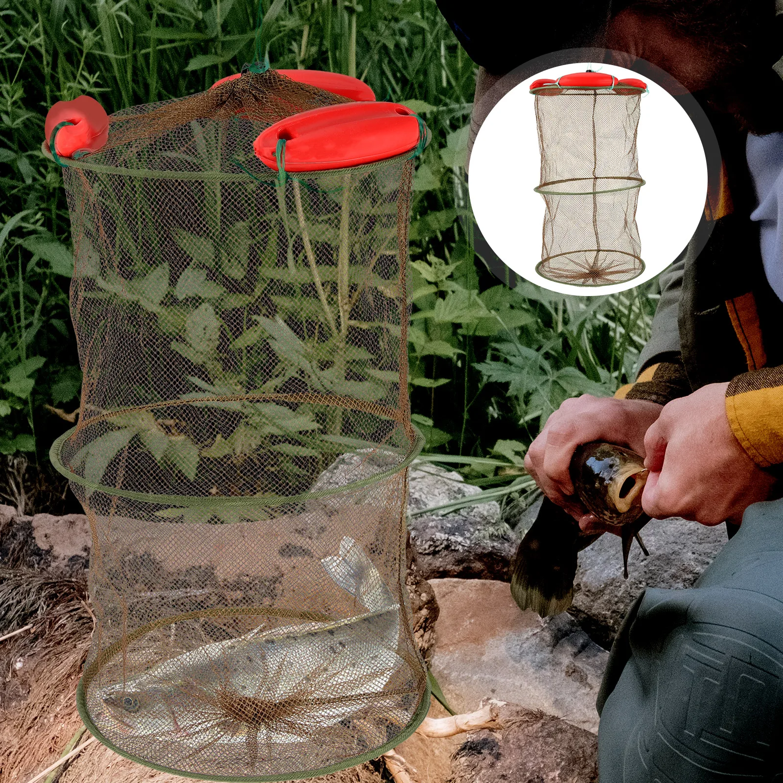 

Coffee-colored Fishing Net 3 Floats for Small Fish Shrimp Portable Foldable Mesh Guard Big Capacity Easy Storage