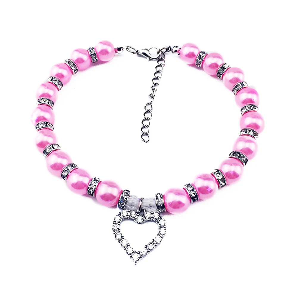 Necklace Chain Pendant Heart Shape Decoration Rhinestones Bead Cute For Pet Dog