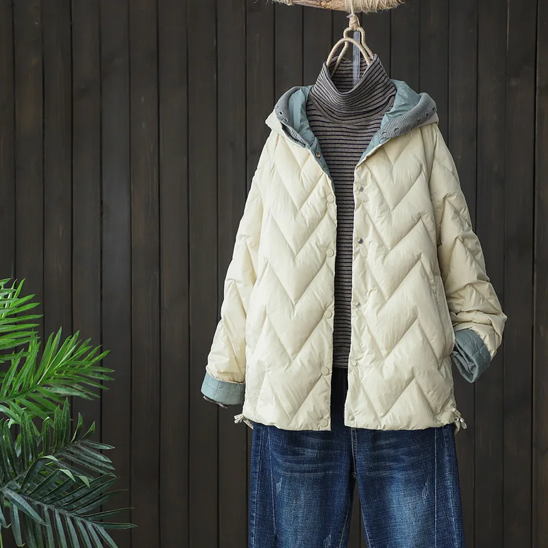 Women Knitted Patchwork Hooded Down Coat Autumn Winter Warm Thicken White Duck Down Jacket Parkas Ladies Bigsize Puffer Outwears