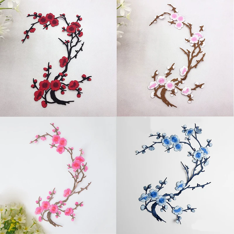 Lot de 2 écussons brodés en forme de fleur de prunier, à thermocoller ou à coudre, pour réparation de vêtements, accessoires décoratifs DIY pour robes