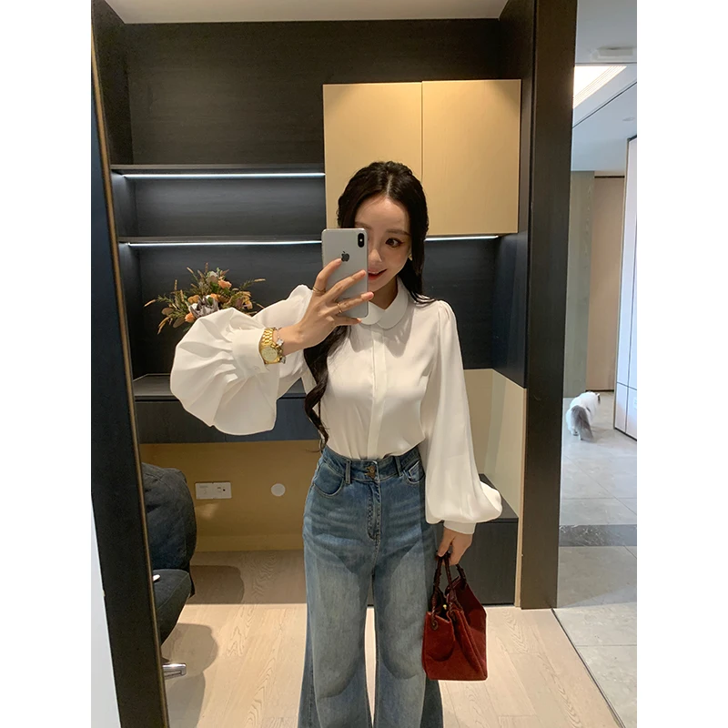 

Женская атласная рубашка XINYI Spring Pearl с воротником «Питер Пэн», приталенная, универсальная, повседневная, из полиэстера, с длинным рукавом, однотонная.